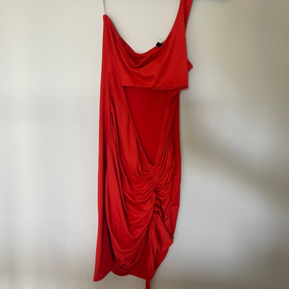 SHEIN Orange One-Shoulder Ruched Large Mini Dress